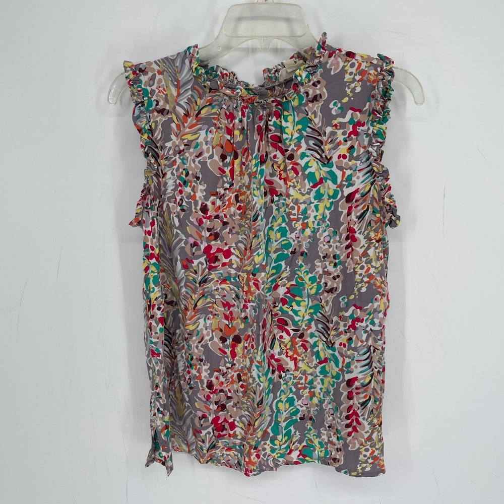 QTT Women's Multicolor Floral Pleated Ruffle Neck Sleeveless Blouse Top Size L